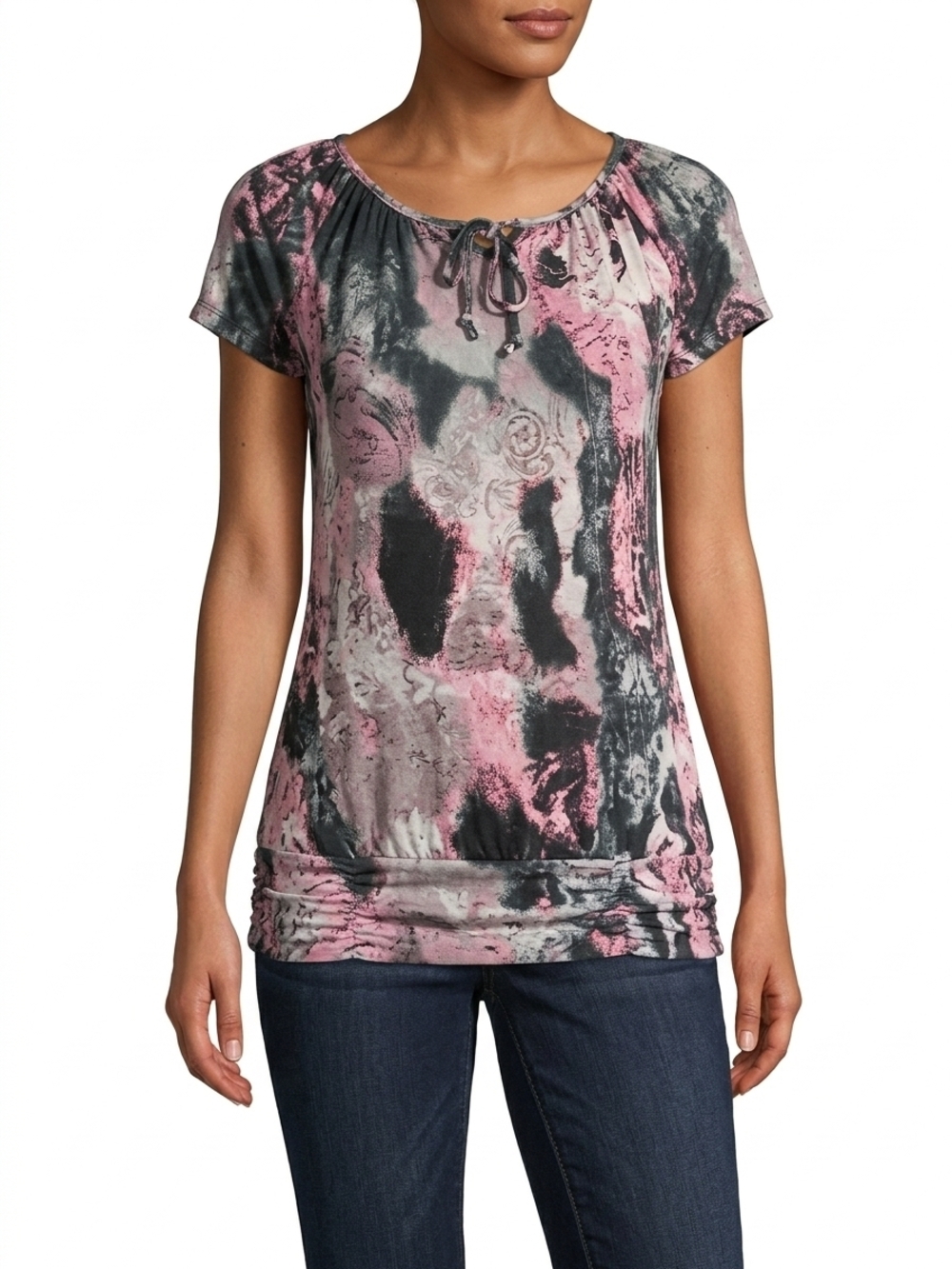 cleo Short-Sleeve Scoop Tie-Front Tee in Pink & Gray Acid Wash